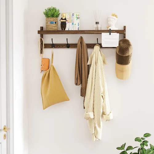 Vista 3 de AMBIRD Ganchos de pared con estante de 73.4 cm Entrada de pared con estante, ganchos para abrigos de madera, perchero de pared con estante