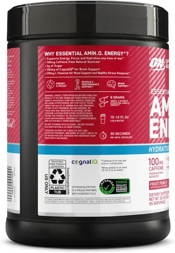 Vista 11 de Optimum Nutrition Amino Energy Powder Plus Focus, con BCAA, electrolitos y cafeína, ponche de frutas, 65 porciones (el embalaje puede variar)