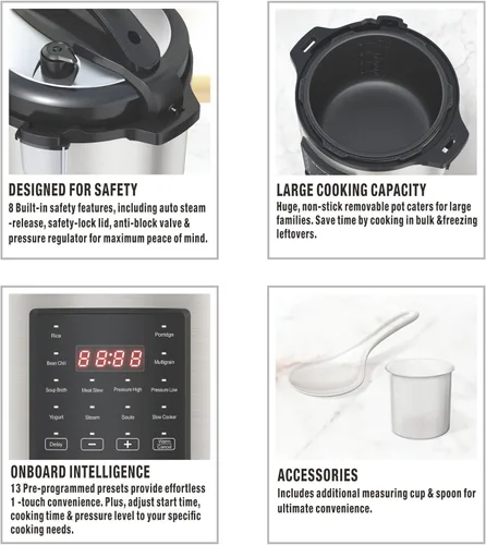 Vista 3 de EMB Ironblade - Olla a presión programable 7 en 1, 6 litros, acero inoxidable de 1000 W, olla de cocción lenta, arrocera, vaporera, sartén