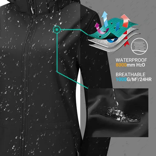 Vista 4 de Outdoor Ventures Chaqueta Softshell para mujer con capucha extraíble con vellón, cortavientos con aislamiento, larga y cálida