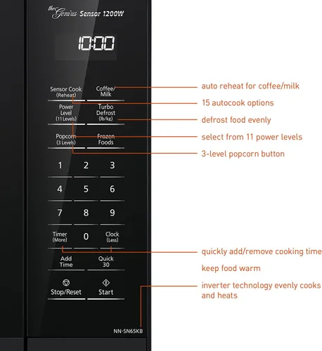 Vista 10 de Panasonic NN-SN65KB Horno de microondas con tecnología Inverter 1200W, 1.2 pies cúbicos. Pequeño con Sensor Genius de cocción de un toque, botón
