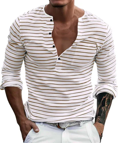 Mens Henley Shirts Long Sleeve Regular Fit Cotton Casual Summer Striped T Shirts Fashion Basic Fitted Athletic Work Tshirts