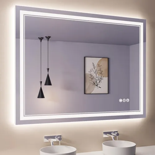 Vista 90 de Espejo de baño LED de 48 x 40 pulgadas con luces, retroiluminado y frontal iluminado para pared, espejo de tocador LED inastillable con memoria