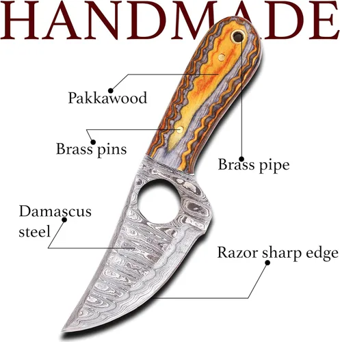 Vista 2 de Ancilla - Cuchillo de caza de Damasco hecho a mano para EDC, camping, venado, cuchillo de bolsillo mini con tanga completa, hoja fija
