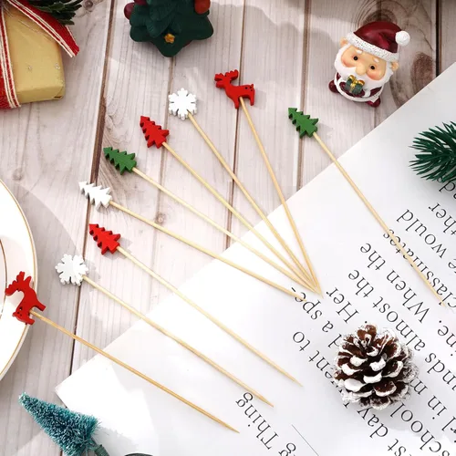 Vista 4 de Whaline 200 palillos de cóctel de Navidad, árbol de Navidad, copo de nieve, alce, palillos de dientes para aperitivos, brochetas de frutas, palillos