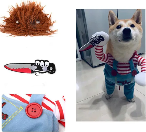 Vista 3 de Chucky - Disfraz divertido de muñeca mortal para perro, disfraz divertido para Halloween, Navidad, ropa de perro, disfraz de fiesta para perros