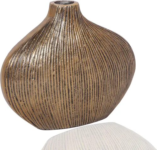 Vista 3 de AHC Home & Living Jarrón de metal, centro de mesa de decoración del hogar, arreglo floral, jarrón ovalado para mesa, encimera, (oro antiguo)