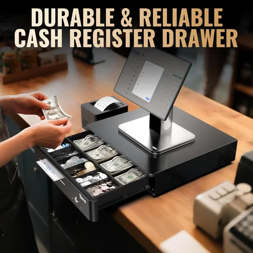 Vista 7 de Tera Cajón de caja registradora de 13" con apertura automática, resistente, con bandeja extraíble totalmente insertable, 5 teclas, 4 para billetes