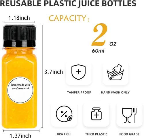 Vista 3 de 10 botellas pequeñas de plástico para jugo de 2 onzas con tapas y etiqueta, botellas de chupito con tapas, botellas reutilizables de 2 onzas