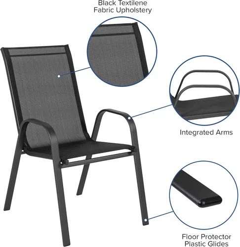 Vista 5 de BizChair Paquete de 4 sillas apilables negras para exteriores con material Flex Comfort, silla apilable para patio