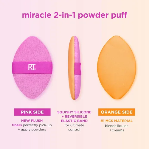 Vista 2 de Real Techniques Miracle 2 en 1 Borla de Polvo, de Doble Cara, Borla de Maquillaje de Tamaño Completo para Mezclar, Banda Elástica Reversible