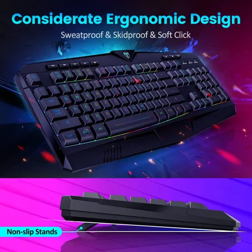 Vista 3 de Teclado para videojuegos, teclado silencioso con retroiluminación RGB de tamaño completo, reposamuñecas, teclas silenciosas, teclas multimedia