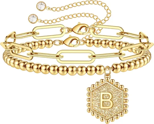 IEFWELL Pulseras de oro para mujeres, adolescentes, niñas, oro real de 14 quilates, plata chapada en oro rosa, pulseras de cuentas para mujeres,