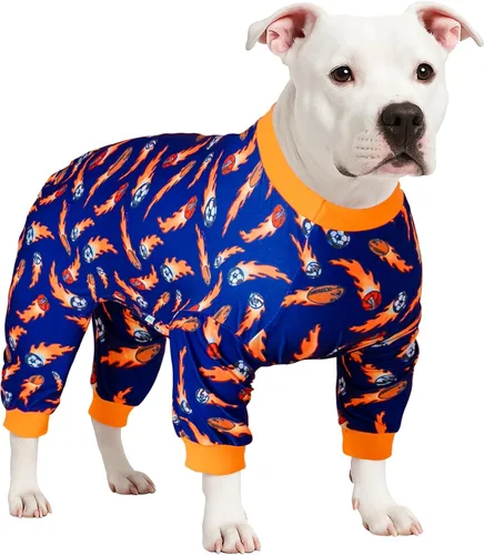 Vista 11 de LovinPet Mameluco mediano para perro – Pijama para perro grande, tela elástica ligera, estampado de dinosaurio blanco, overol para perro, camisa