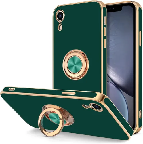 Vista 10 de Hython Funda para iPhone XR con soporte de anillo [soporte de anillo giratorio de 360° con soporte magnético] chapado en oro rosa brillante borde