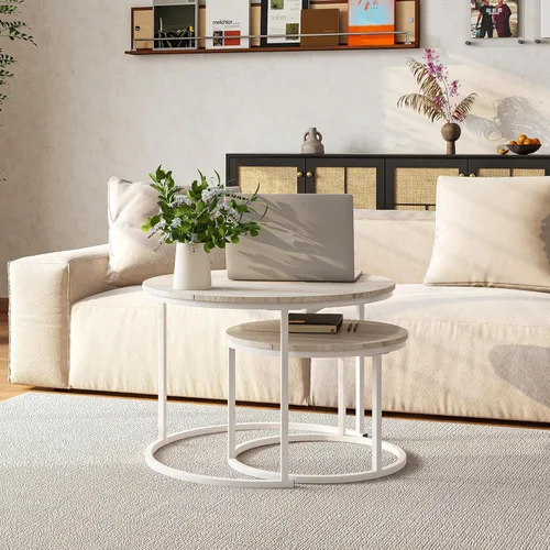 Vista 4 de HOJINLINERO Juego de Mesa de Centro Redonda de 2 Mesas Auxiliares para Sala de Estar, Mesa de Centro Blanca Moderna Mesas Anidadas, Mesas de Sala