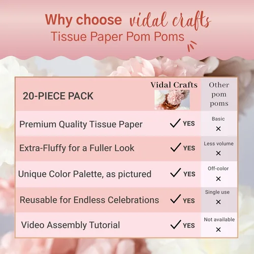 Vista 7 de Vidal Crafts - 20 pompones de papel de seda bohemios, flores de papel de seda colgantes para decoraciones de despedida de soltera, decoraciones