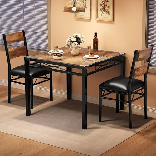 Vista 12 de Garvee Juego de 2 mesas de comedor de madera para 2 con sillas tapizadas, juego de 2 sillas de mesa de cocina con protector de esquina, juego