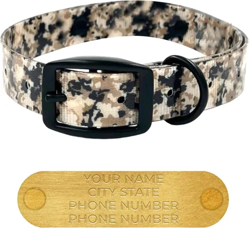 Vista 2 de Regal Dog Products Collar de perro de caza de camuflaje pequeño con placa de nombre grabada personalizada y herrajes negros Collares de perro