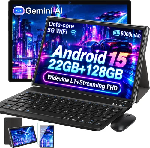 Tablet 2026, tabletas Android 15 de 10 pulgadas 22GB+128GB+1TB Expand, tableta electrónica 2 en 1 Octa-Core con funda de teclado y mouse, batería de