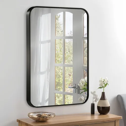 Vista 8 de Espejo de pared negro de 16 x 24 pulgadas para baño, espejo con marco de metal cepillado con esquina redondeada, espejo rectangular de tocador
