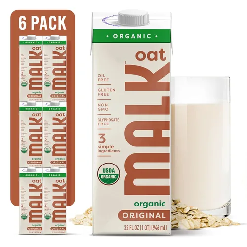MALK Leche de Avena (32 oz, Paquete de 6) Leche de Avena Orgánica Original Estable en Estantería, Sin OGM, Sin Lácteos, Vegana, a Base de Plantas,