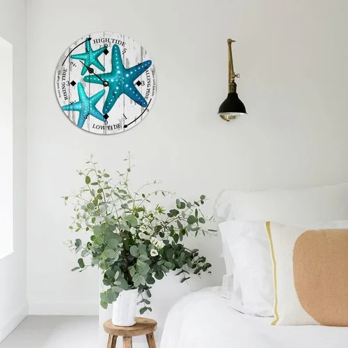 Vista 3 de Reloj de marea de estrella de mar oceánico, silencioso sin tictac, funciona con pilas, reloj de marea de madera, arte de pared, reloj de movimiento