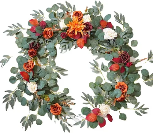 Emivery Guirnalda de eucalipto con flores, camino de mesa artificial de 5.9 pies, decoración de rosas falsas color naranja quemado para centros de