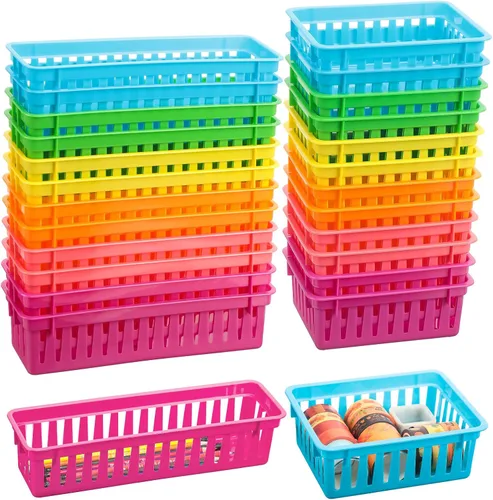 24 cestas pequeñas de plástico coloridas para el aula, 12 unidades de 10 x 3 x 2.5 pulgadas, bandeja pequeña para lápices, 12 bandejas organizadoras