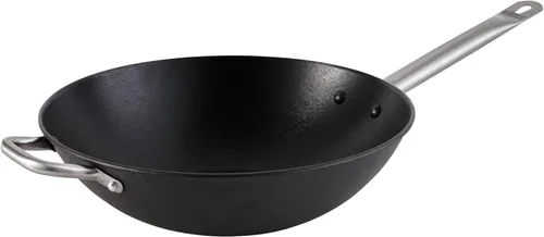 Imusa LCI-19008 USA - Wok de hierro fundido ligero de 14 pulgadas, antiadherente, con asas de acero inoxidable, utensilios de cocina, color negro
