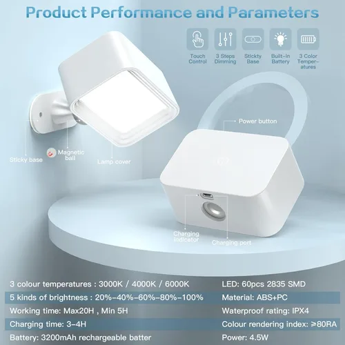 Vista 5 de Lámparas de pared, apliques de pared LED con batería recargable de 2000 mAh, 3 temperaturas de color y brillo, regulable, control táctil y remoto