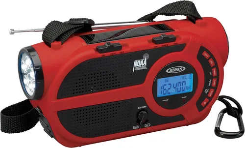JENSEN JEP-650 Radio meteorológica digital portátil AM/FM con alerta meteorológica, linterna y carga de 4 vías, rojo, JEP-650