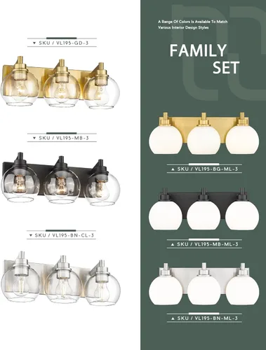 Vista 7 de Accesorios de Iluminación de Baño, Luz de Tocador de 3 Luces Negro Mate, Apliques de Pared Modernos con Soporte de Vidrio Esférico Blanco Leche