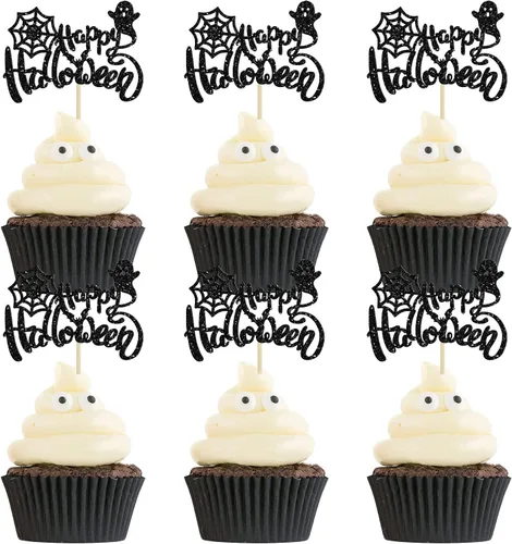 Ephlyn 24 adornos negros para tartas de Halloween con purpurina fantasma Negro Halloween