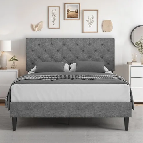 Vista 24 de HOMBCK Marcos de Cama Individuales para Niños, Marco de Cama Plataforma Tapizada Tamaño Individual con Cabecera Acolchada/Listones de Madera/No