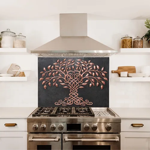 Vista 2 de Protector contra salpicaduras de cocina, protector contra salpicaduras de cocina del árbol de la vida celta, panel de cobre personalizable, azulejos