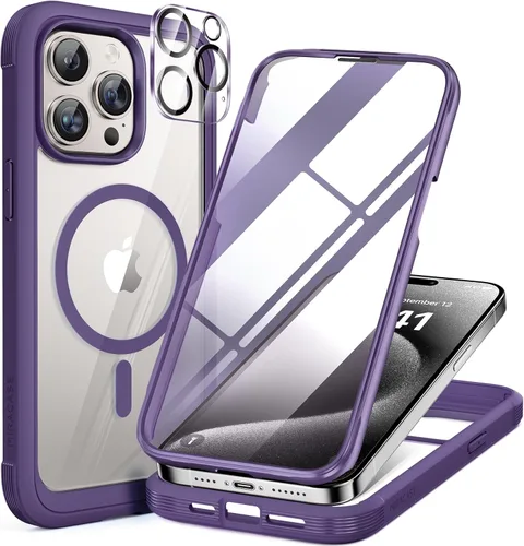 Vista 105 de Miracase Funda magnética para iPhone 14 de 6.1 pulgadas, protector de pantalla de vidrio templado integrado + protector de lente, compatible