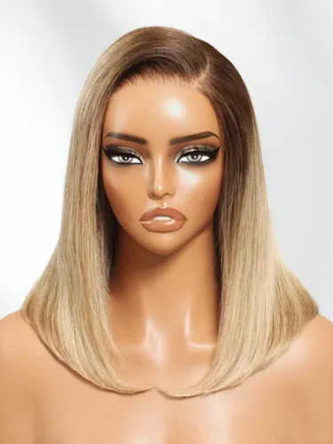 Vista 6 de Pelucas de cabello humano Bob de Beauty Forever, rubia con raíces marrones, parte lateral, corte recto, 7x5 encaje HD, adiós a los nudos, peluca Bob