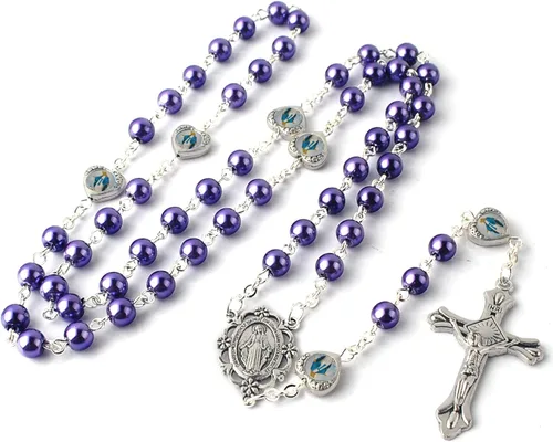 Vista 4 de HanlinCC Cuentas de perlas de vidrio con corazón de epoxi milagroso cuentas de metal paquete de collar de rosario en bolsa de regalo de terciopelo