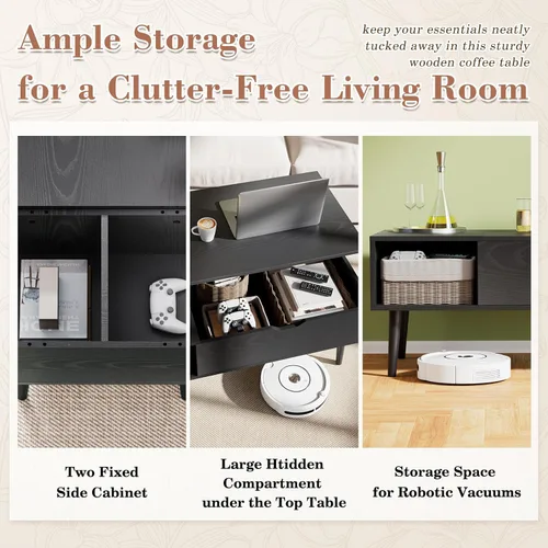 Vista 7 de OLIXIS Mesa de Centro de Café de Madera con Tapa Elevable con Compartimento Oculto y Estante de Almacenamiento Grande, Mesa de Comedor Central