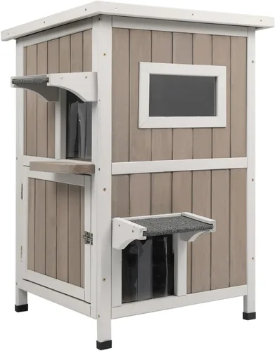 Vista 11 de Ketive Casa para gatos al aire libre de 16.5 pulgadas de largo, refugio impermeable para gatos con 2 puertas de escape para gatos al aire libre