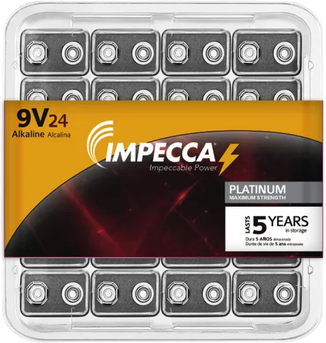 Vista 2 de Impecca Baterías de 9 voltios, alcalinas prémium (paquete de 24) de alto rendimiento, ultra larga duración y resistente a fugas multiusos de 9 V, 24