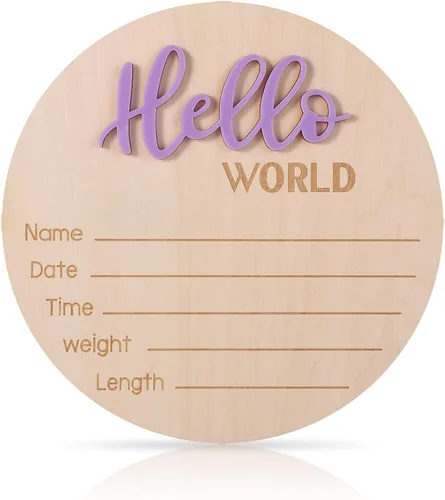 Vista 9 de NQEUEPN Letrero de anuncio para recién nacido, 5.9 pulgadas, de madera con texto en inglés «Hello World», letrero de bienvenida para bebés, placas