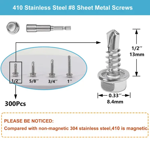 Vista 2 de QSJ 300 piezas #8 x 1/2'' tornillos de chapa de metal 410 de acero inoxidable con cabeza hexagonal y arandela autorroscantes de rosca rápida