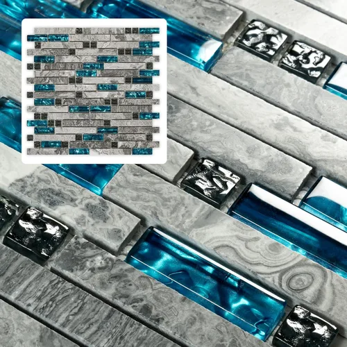 Midcard 4 hojas de azulejo de mármol gris para salpicadura de cocina 30 x 30 x 6 mm, Azulejo de vidrio azul con mosaico de piedra gris para baño,