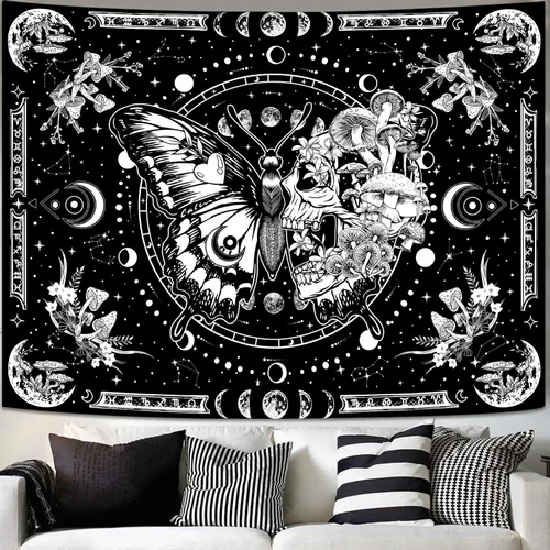Fungarth Tapiz de Esqueleto y Mariposa Blanco y Negro Calavera Hongos Plantas Tapices Hippie Estético Tapiz Colgante de Pared para Dormitorio Sala