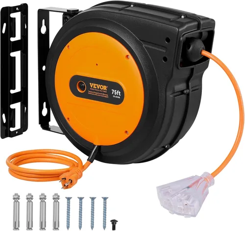 Vista 26 de VEVOR Carrete de cable de extensión retráctil, 30 pies, resistente 16 AWG/3C SJTOW carrete de cable de alimentación retráctil con salida triple