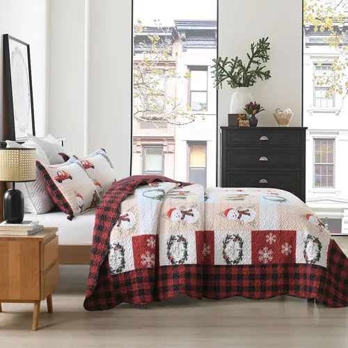 Vista 4 de Juego de edredón navideño de 3 piezas con estampado de reno rústico de Navidad, juego de ropa de cama (individual)