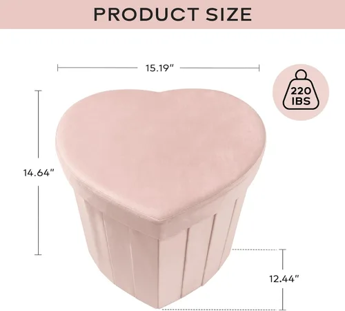 Vista 2 de Ashler - Otomana plegable de terciopelo en forma de corazón, almacenamiento plegable para sala de estar, dormitorio, capacidad de peso de 220