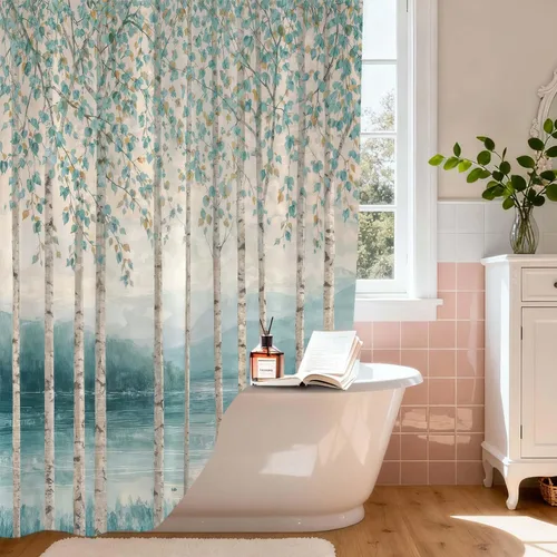 Vista 6 de Wathon Birches of Spring Shower Curtains Forest of Birch Trees Landscape Shower Curtain with Neutral Artistic Hand Drawing, Light Blue Bathroom